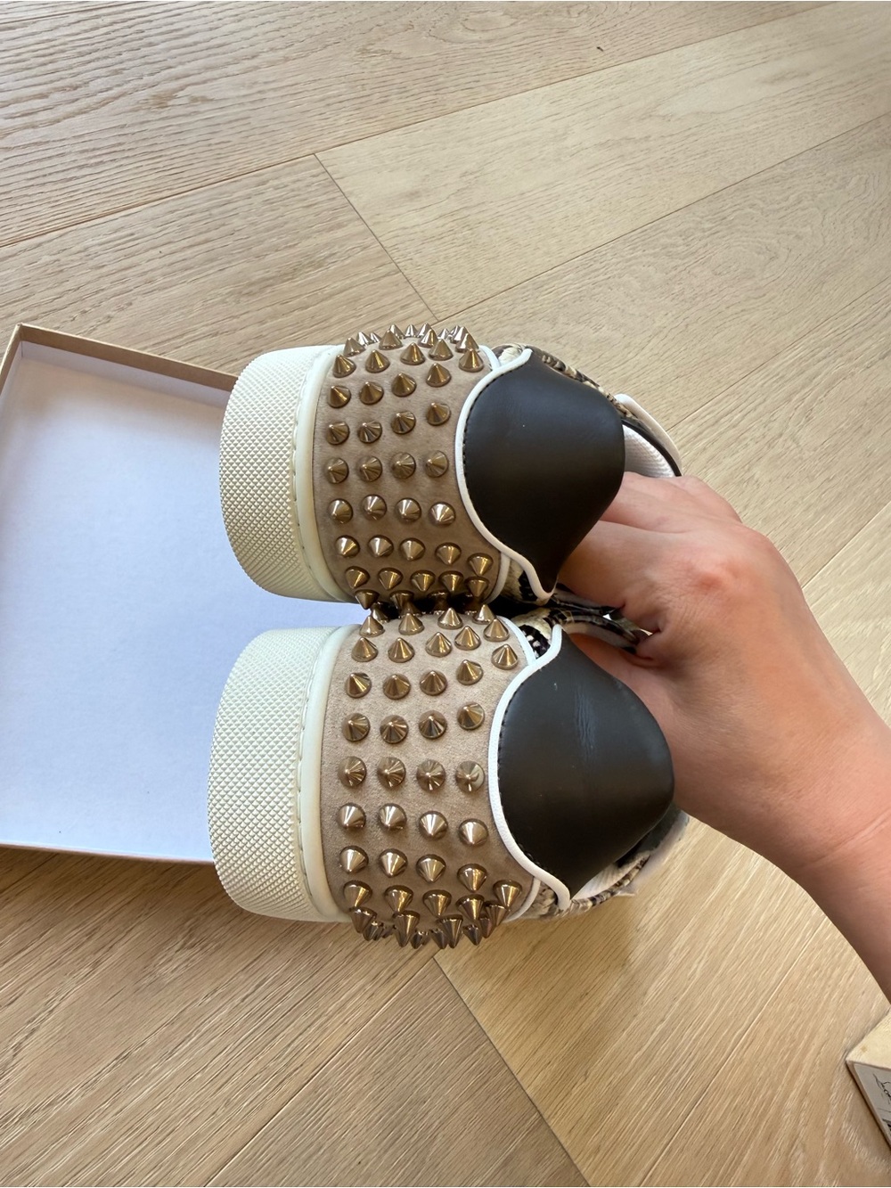 Christian Louboutin Studded Snake-Print Low-Top Sneakers in Black and Beige - Picture 6 of 8